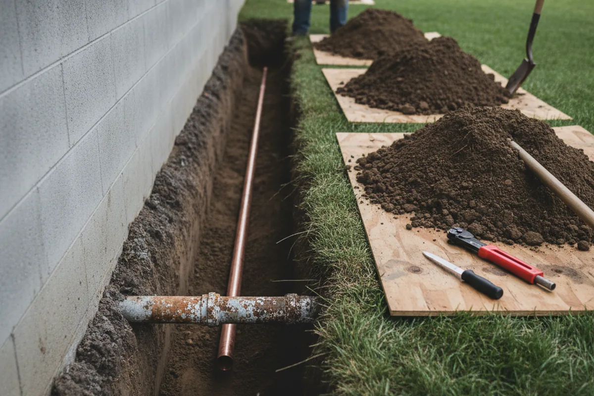 Excavated water line trench during Sewer Line Repair in Port Clinton